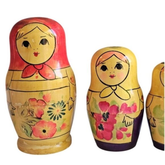 Vintage Russian Folk Art Wooden Nesting Dolls Set of 9 Floral Woman Apx 6" READ - Picture 2 of 10